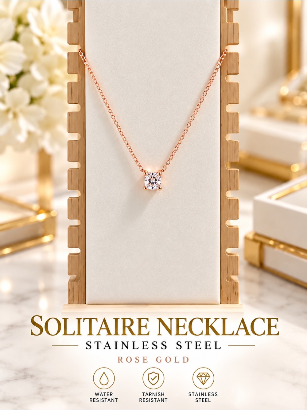 Rose Gold Solitaire Necklace - Stainless Steel